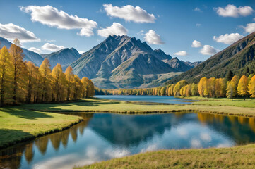 Fototapeta premium Lake Mountain Background Cloud Trees Forest Rock Stone