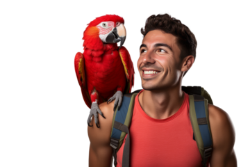 smiling young man Red macaw perches on a shoulder,Isolated on a transparent background.