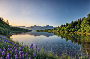Naklejka premium Lake Mountain Background Cloud Trees Forest Rock Stone