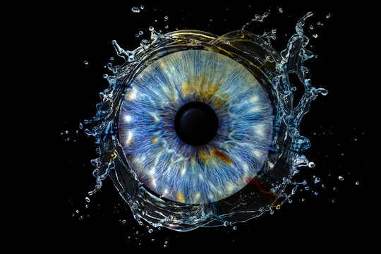 Close up of eye iris on black background, macro, photography