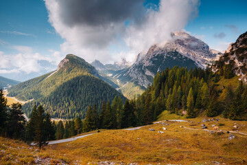 Magical view of famous Dolomites mountain peaks. Tre Cime di Lavaredo, Italian Alps, South Tyrol, Europe - 780357187