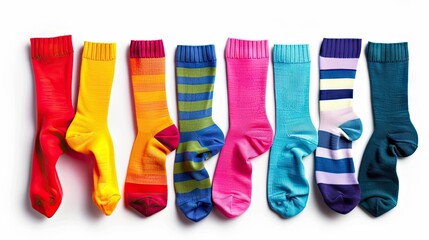 a vibrant set of socks against a clean white background, perfect for a trendy banner design showcasing fashion and comfort.