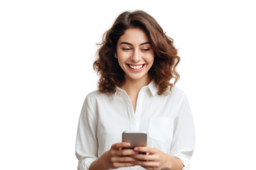 smiling woman Use the application on your smartphone. Isolated on transparent background.