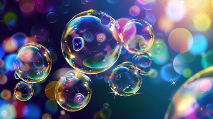 Naklejka premium Set of realistic transparent colorful soap bubbles with rainbow reflection soap bubbles foamy ,Generative ai, 