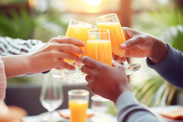 Multiethnic Hands Toasting with Orange Juice Glasses Over the Tabletop at Social Gathering