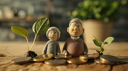 an elderly couple illustration with coins and sprout on a wooden table, symbolizing financial security and growth