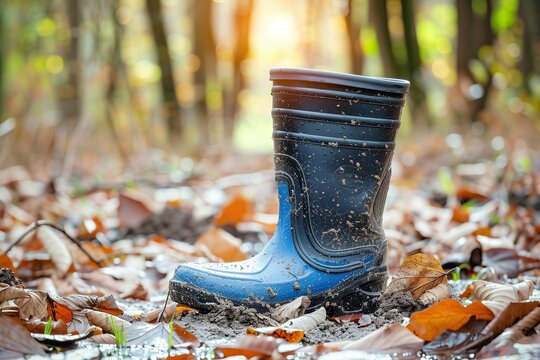 Blue rain boots in the forest on autumn leaves. Rubber boot with mud and dirt. Copy space. Fallen leaves, sleet in autumn season. Outdoor adventures. Work activities. A pair of wellingtons. Mud drips