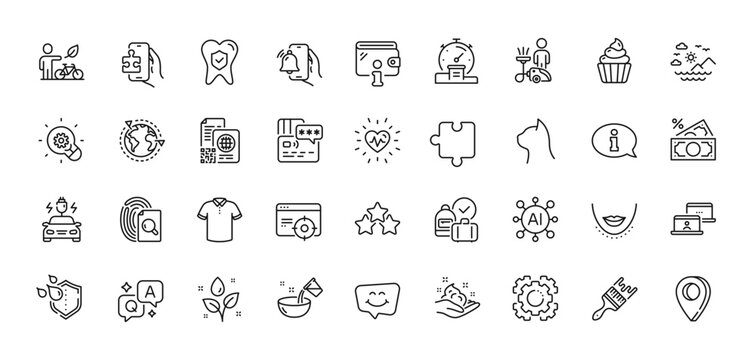 Smile chat, Card and Seo gear line icons pack. AI, Question and Answer, Map pin icons. Car charging, T-shirt, Brush web icon. Wallet, Cooking water, Money tax pictogram. Vector