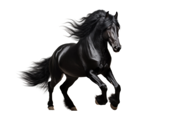 shiny black horse run freely.Isolated on transparent background.