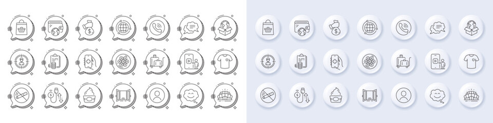 Headshot, Smile chat and Phone video line icons. White pin 3d buttons, chat bubbles icons. Pack of Cable section, Globe, Ice cream icon. T-shirt, Luggage trolley, Charging cable pictogram. Vector