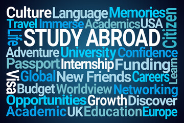 Study Abroad Word Cloud on Blue Background