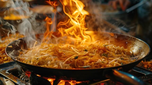 fried noodles cook in pan with big fire flame