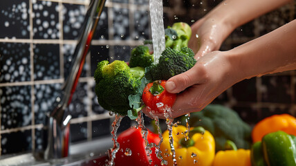 A person washing vegetables in the kitchen sink, with colorful peppers and broccoli being washed under running water from an overhead faucet