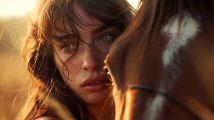 Sensual beautiful young girl next to a horse with disheveled hair in the setting sun. Hobbies help cope with stress - obrazy, fototapety, plakaty