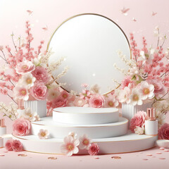 Podium background flower rose product pink 3d spring table beauty stand display nature white.