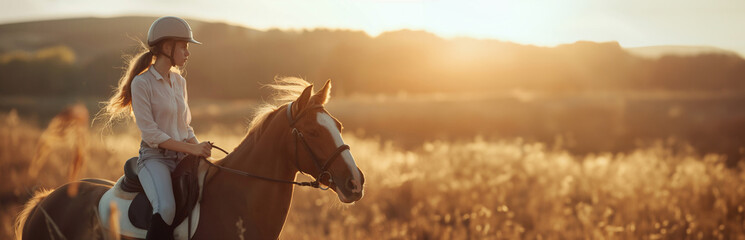 The girl goes in for horse riding. A student sits on a horse against the backdrop of nature and sun rays. Banner with place for text in rustic style - Powered by Adobe
