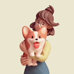 Portrait of young cute kawaii excited smiling asian active k-pop girl wears fashion casual clothes, blue overalls, green sweatshirt, holds fluffy playful corgi dog with hands. 3d render pastel colors.