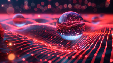 Transparent sphere floating above light network technology background - obrazy, fototapety, plakaty