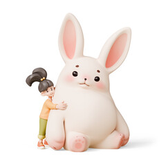 Cute kawaii excited asian smiling child girl hugging big plush toy of a fat fluffy Easter bunny. Rabbit with eyebrows, pink ears, cheeks, soft paws sits in playful pose. 3d render isolated transparent