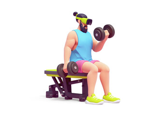 Young cute smiling bearded brunette man in VR glasses wears sportswear, pink shorts, blue tank top, green sneakers trains with dumbbells in hands, sits on weight bench. 3d render isolated transparent.