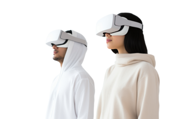 People wearing VR glasses are taking care of the virtual world. The background is filled with user avatars representing various services. Isolated on a clear background.