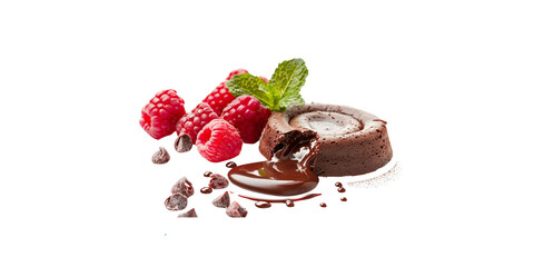 chocolate lava cake with its center melting, next to fresh raspberries and mint leaves on white...