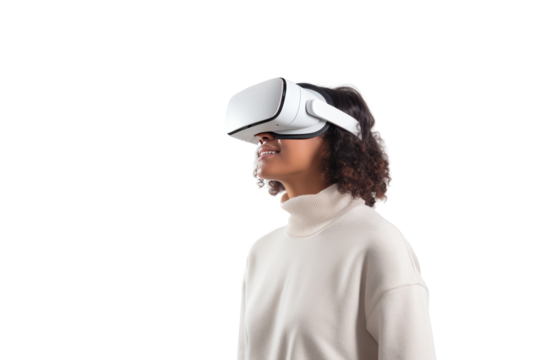 A woman wearing a VR headset is taking care of the virtual world. The background is full of user avatars, representing various services. Isolated on transparent background.