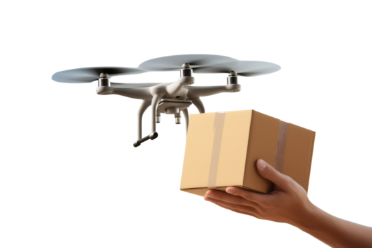  Drone flying over a big city Showcasing the expansion of the fintech business The atmosphere is lively. modern transportation technology,Isolated on white background