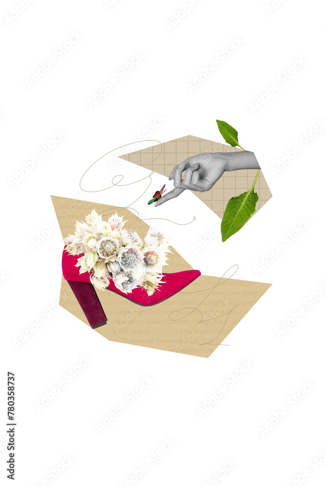 Poster Collage artwork graphics picture of lady arm holding putting insect shoes flowers bouquet isolated beige color background