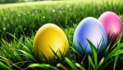 Easter coloured decorated eggs on a green grass