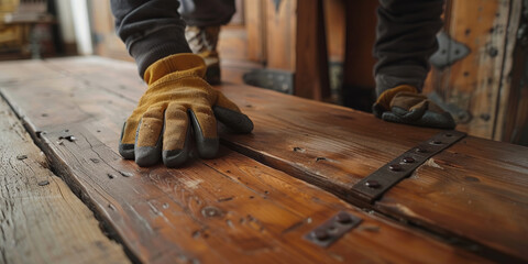 A person wearing gloves is working on the wooden floor,man installing wooden floor