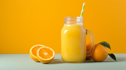 Freshly Squeezed Orange Juice in Mason Jar on Vibrant Background