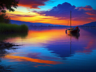 Evening Seenary with  Vibrant Colors on a lake 