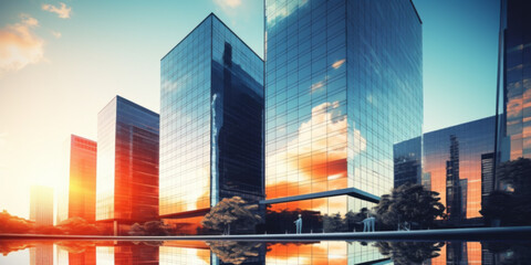 Modern Office Buildings Reflecting Sunset in Urban Skyline