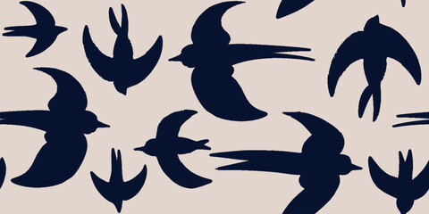 Hand drawn style ornament seamless pattern with birds. Abstract trendy monochrome print. - 780359183