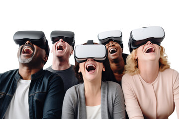 People wearing VR glasses are taking care of the virtual world. The background is filled with user avatars representing various services. Isolated on a clear background.