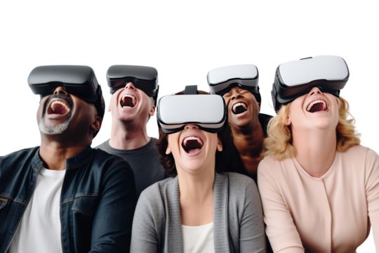 People wearing VR glasses are taking care of the virtual world. The background is filled with user avatars representing various services. Isolated on a clear background.