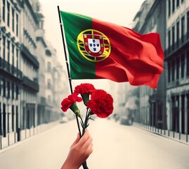 Portugal liberation day illustration with a realistic hand holding red carnations against a blurred city background.
