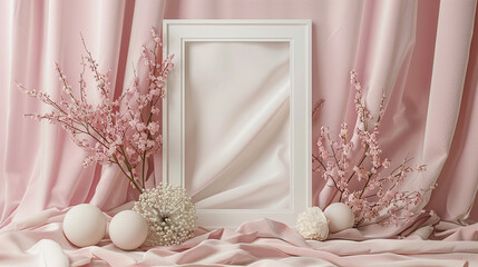 vertical mockup picture frame placed on a silk bedsheet with decorations around it