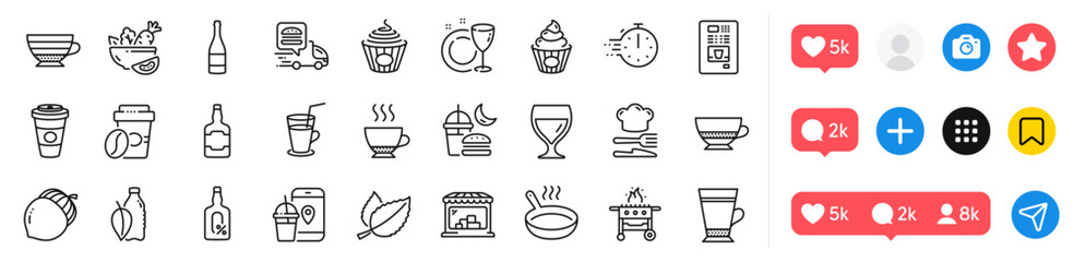 Food app, Acorn and Frying pan line icons pack. Social media icons. Night eat, Whiskey bottle, Latte web icon. Bombon coffee, Cake, Food delivery pictogram. Cooking timer, Salad, Cappuccino. Vector - obrazy, fototapety, plakaty