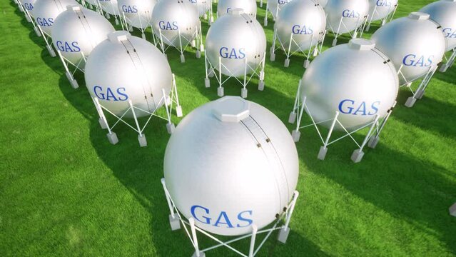 Big gas station spheres on green grass clean energy 4k