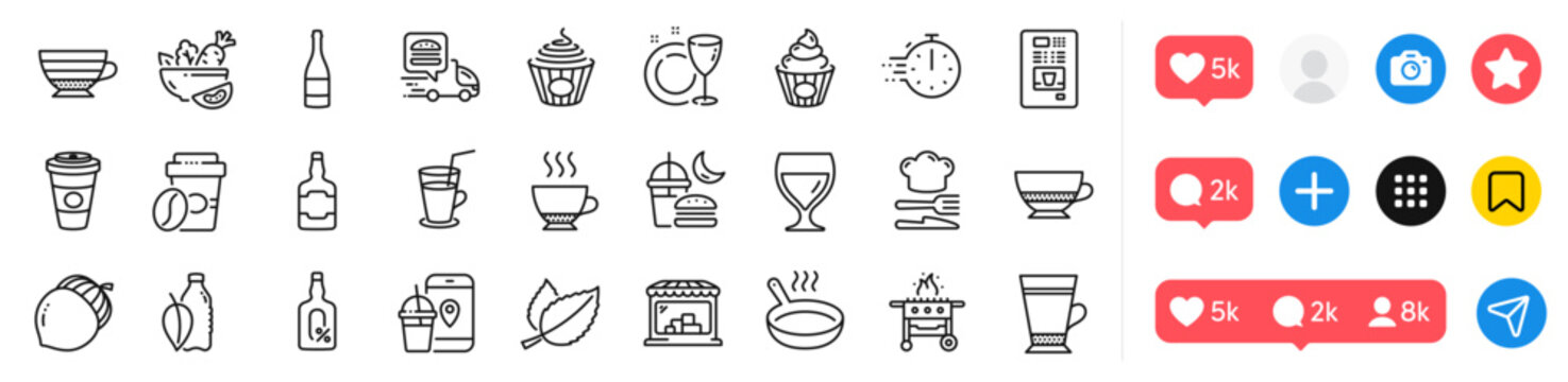 Food app, Acorn and Frying pan line icons pack. Social media icons. Night eat, Whiskey bottle, Latte web icon. Bombon coffee, Cake, Food delivery pictogram. Cooking timer, Salad, Cappuccino. Vector