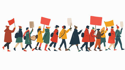 Drawn people march along flat vector isolated on white
