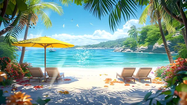 summer view on the beach Clear water, golden sand and palm tree. Seamless looping 4k time-lapse video animation background