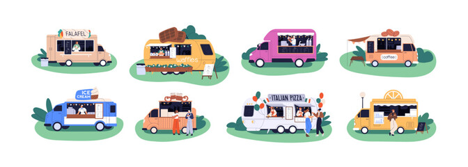 Street food trucks set. Mobile cafe on wheels selling pizza, ice-cream, coffee outdoors. Commercial van, wagon, car with icecream and waffles. Flat vector illustration isolated on white background - obrazy, fototapety, plakaty