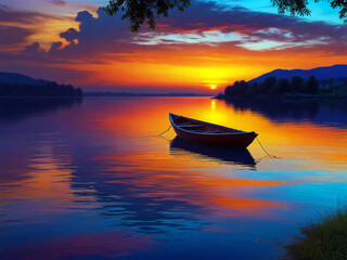Evening Seenary with  Vibrant Colors on a lake 