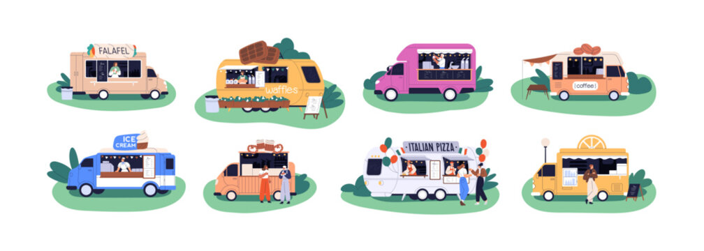 Street food trucks set. Mobile cafe on wheels selling pizza, ice-cream, coffee outdoors. Commercial van, wagon, car with icecream and waffles. Flat vector illustration isolated on white background