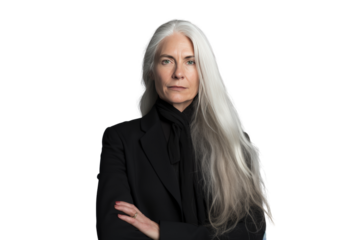 Non-binary person with long white hair wearing a black evening dress ,Isolated on a transparent background.
