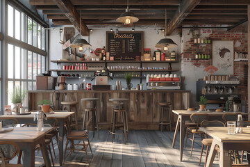 Cozy rustic coffee shop interior with bar counter.