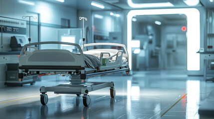 A hospital room with a bed and a car parked inside